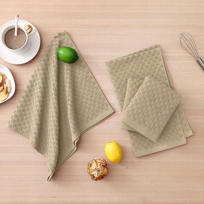 Homaxy 100% Cotton Kitchen Towels and Dishcloths Set, 12 x 12 & 15 x 25 Inches, Set of 12 Bulk Terry Cloth Dish Towels, Super Soft and Absorbent Hand Towel with Hanging Loop, Tan