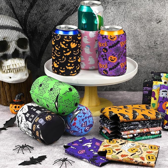 Halloween Can Cooler Sleeves, 18pcs Halloween 12 oz Cold Drinks Beer Drink Can Bottle Cooler Sleeves for Halloween Party Favors Decorations Supplies
