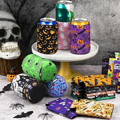 Halloween Can Cooler Sleeves, 18pcs Halloween 12 oz Cold Drinks Beer Drink Can Bottle Cooler Sleeves for Halloween Party Favors Decorations Supplies