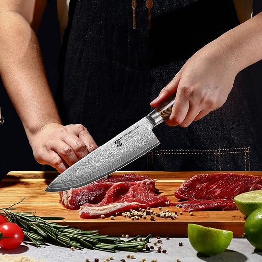 Damascus Chef Knife 8'' Professional 67-Layer VG10 Steel Core with Pakka Wood Handle, Ultra Sharp HRC 62 Kitchen Knife for Chopping Cutting Carving Gift Box for Kitchen Restaurant