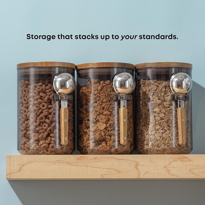 JoyJolt Holden 32oz Stackable Glass Storage Containers with Lids and Scoops, Airtight Food Canister Set of 3 w/Acacia Wood Lids, Round Stacking Pantry and Kitchen Containers w/Scoop | Smoke