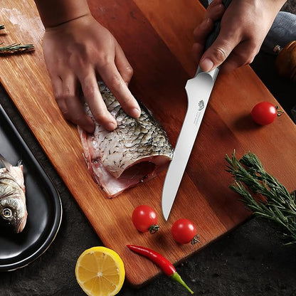 TUO Boning Knife, 6 inch Fillet Knife for Trimming Fat from Meat, Deer Skinning, Full Tang Handle, High Carbon German Steel, for Poultry Lamb Meat Cutting - Black Hawk Series