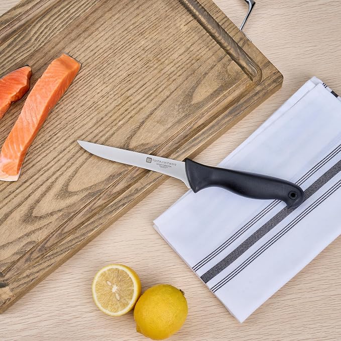 Restaurantware Sensei 6 Inch Boning Knife 1 With Colored Coded Pins Fillet Knife - High-Carbon Stain-Resistant Black German Steel Knife For Fish Ergonomic Handle For Fish Vegetables Or Entrees