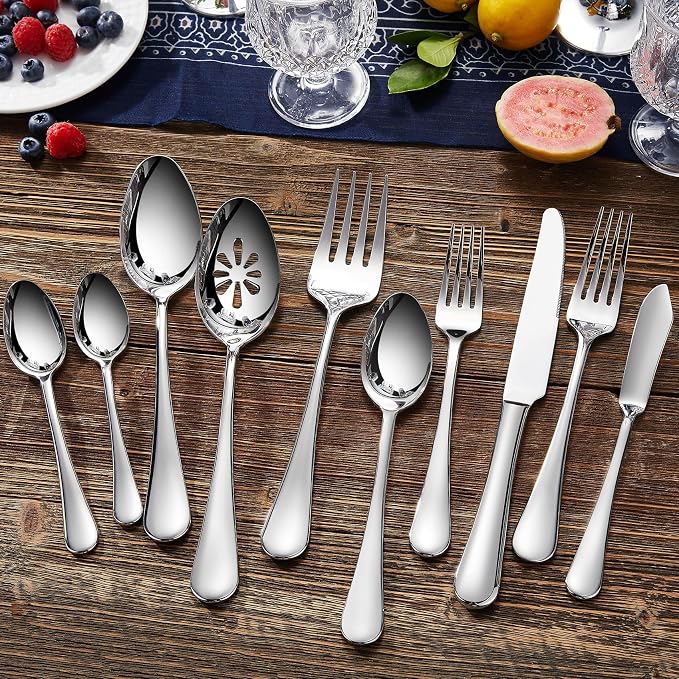 KEAWELL Premium Verona 4-Piece 9 inch Spoon Set – 18/10 Stainless Steel, Heavy-Duty Mirror-Finished Flatware for Daily Meals, Hosting and Special Occasions (4, Serving Spoons and Slotted Spoons)