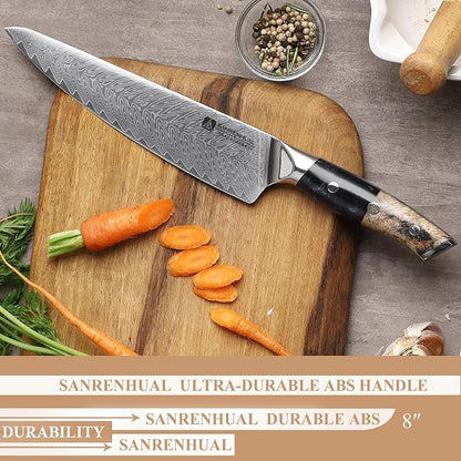 Classic Damascus Chef's Knife 8”, Thin, Light Super Sharp Kitchen Knife, Japanese Damascus Kitchen Knife for All-Around Food Preparation, Professional Resin Handle Chef Knife