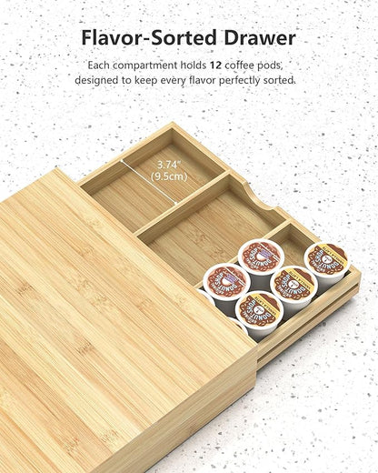 Bamboo Coffee Pod Drawer Organizer Compatible with K-Cups, Under Cabinet Coffee Station Storage Rack, Natural Wood Capsule Holder for 36 Pods, Countertop Coffee Machine Stand