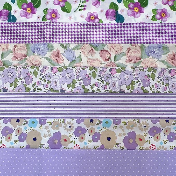 7 pcs 20" x 20" Cotton Fabric DIY Making Supplies Quilting Patchwork Fabric Fat Quarter Bundles DIY for Quilting Cotton Patchwork Cushions (Purple Big Flowers, 20" x 20")