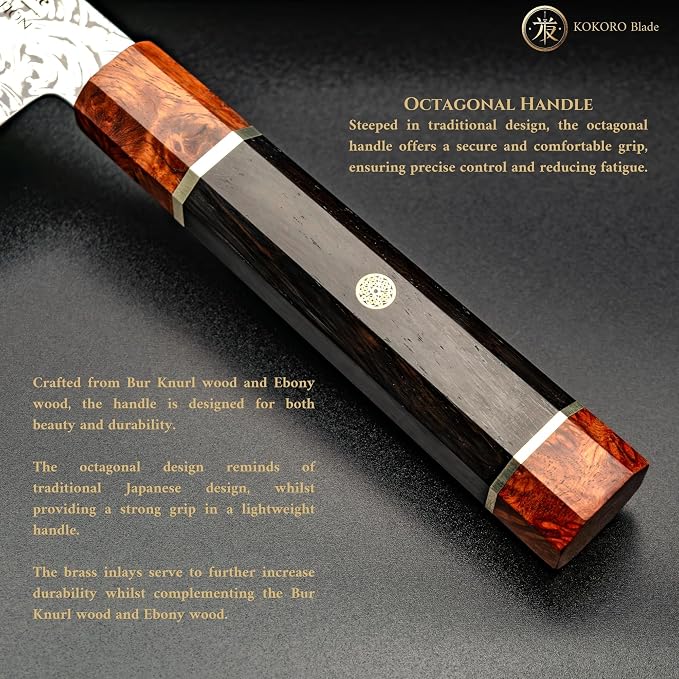 8” Kiritsuke Chef Knife – 110-Layer Damascus Steel, Dual Core, Octagonal Wood Handle, Razor Sharp – from British Fusion Atelier KOKORO – A Signature Gift for Ambitious Cooks