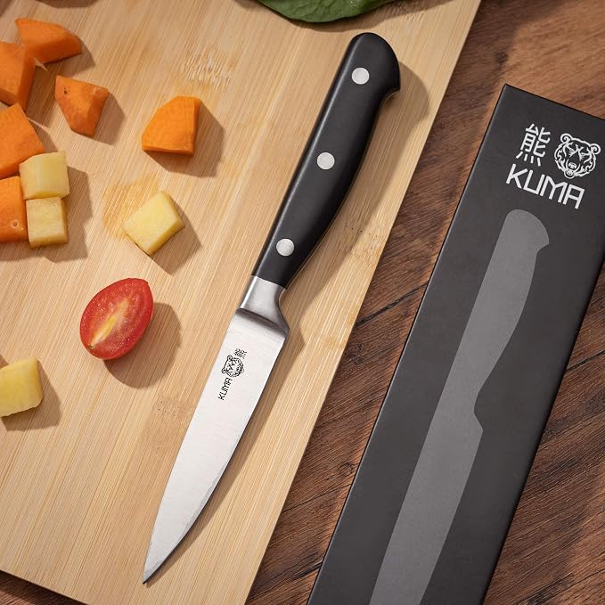 KUMA Chef Knife Set (3 items) - Razor Sharp Out The Box - 8 Inch Chef's Knife for Carving, Slicing, Chopping - Great Ergonomic Handle - Kitchen Knives (Pro Bolster Edition + Paring Knife + Honing Rod)