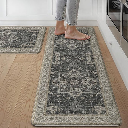GENIMO Kitchen Mats for Floor 2PCs, Washable Anti Fatigue Mat for Cushioned, 17.3"x47"+17.3"x30", Waterproof Kitchen Rugs, Non Slip Comfort Standing Mat Rug for Home, Sink, Laundry, Midnight Gold