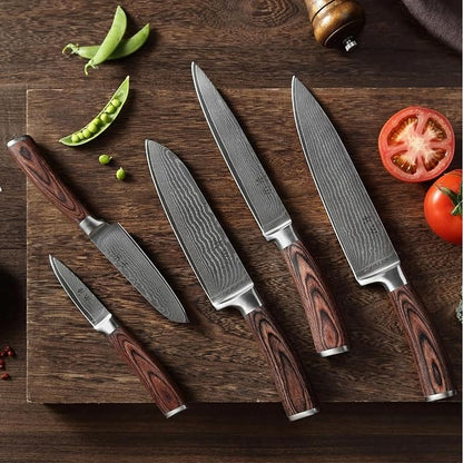 Wakoli EDIB 5-Piece Damascus Knife Set, Professional Kitchen Knives made of 67-Layer Damascus Steel with VG10 Core Blades, Ergonomic Pakkawood Handles, In Wooden Gift Box