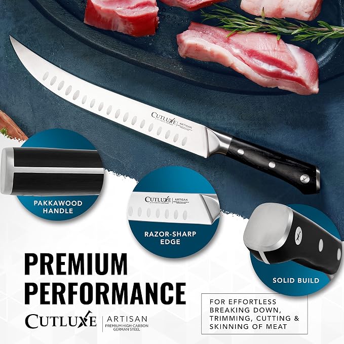 Cutluxe Butcher Knife – 10″ Cimeter Breaking Knife for BBQ & Brisket, Razor Sharp Forged German Steel, Full Tang Meat Carving Knife, Pakkawood Handle, Grilling Gifts for Men – Artisan Series