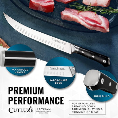 Cutluxe Butcher Knife – 10″ Cimeter Breaking Knife for BBQ & Brisket, Razor Sharp Forged German Steel, Full Tang Meat Carving Knife, Pakkawood Handle, Grilling Gifts for Men – Artisan Series