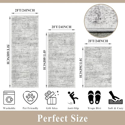 Washable Non-Slip 3 Piece Kitchen Rugs Set – Modern Boho Low-Pile Area Rugs and Runner for Entryway Bathroom Hallway – Decorative Small Indoor Rugs (Grey Ivory, 2x3+2x4+2x5)