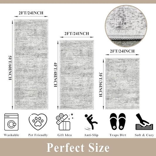 Washable Non-Slip 3 Piece Kitchen Rugs Set – Modern Boho Low-Pile Area Rugs and Runner for Entryway Bathroom Hallway – Decorative Small Indoor Rugs (Grey Ivory, 2x3+2x4+2x5)