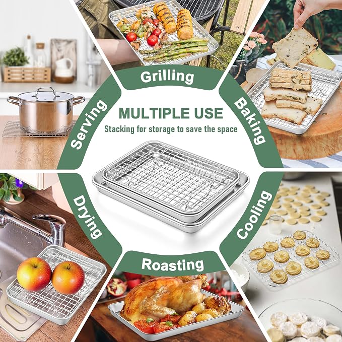 Homikit Quarter Sheet Pan with Wire Rack Set (2 Baking Sheets+2 Racks), Stainless Steel Baking Tray with Grid Cooling Rack for Toaster Oven Roasting, Metal Bacon Cookie Jelly Roll Pan, 12" x 10" Inch