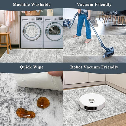 Washable Kitchen Rugs Sets of 4, Non Slip Standing Mat Rug, Stain Resistant Waterproof Kitchen Mats for Floor Kitchen Sink Laundry Entryway (Grey Ivory, 2x3+2x4+2x5+2x6)