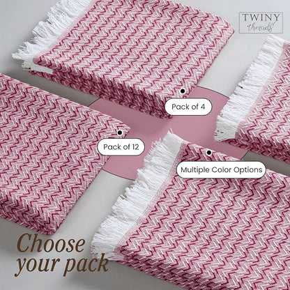 TWINY threads Dish Towel Chevron Pattern, Premium 100% Cotton Kitchen Linen Set, Large Wash Rags for Drying Dishes, Absorbent Quick Drying, Reusable, 12 Pack, 16"x26", Burgundy Wine