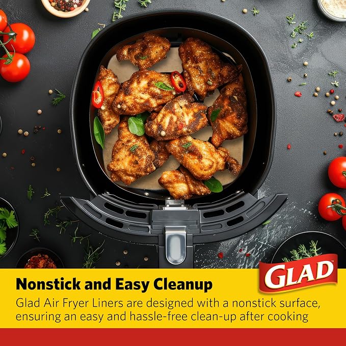 Glad Air Fryer Parchment Liners, Nonstick, Heat Resistant to 446 Degrees F, Food-Grade Material, Flat Square for Round and Square Air Fryer Baskets, 9" x 9", 100 Count