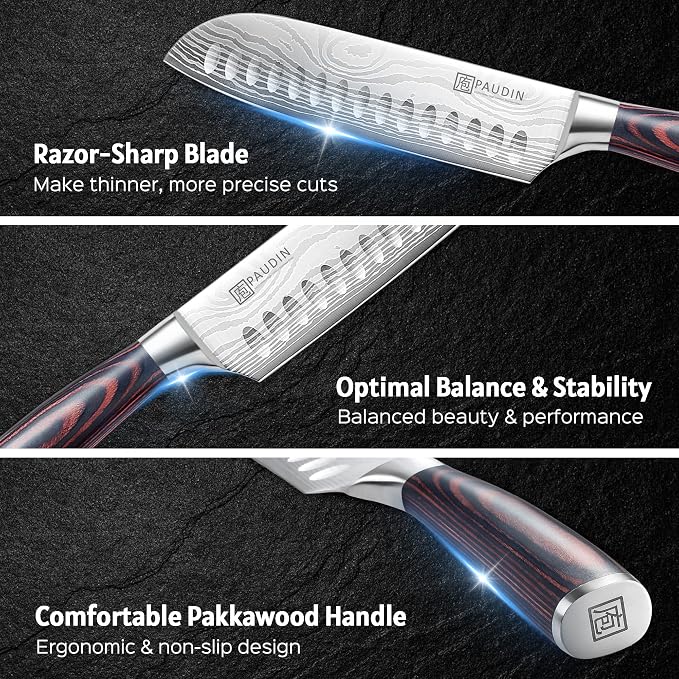 PAUDIN 7" Santoku Japanese Chef Knife – Forged High Carbon German Stainless Steel (58±2 HRC) – Ultra Sharp Razor Edge & Long-Lasting – Ergonomic Pakkawood Handle – Gift for Home Cook & Pro Chef