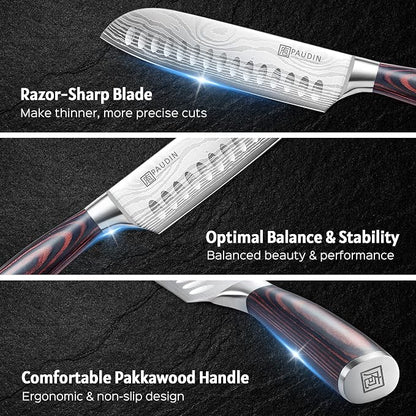 PAUDIN 7" Santoku Japanese Chef Knife – Forged High Carbon German Stainless Steel (58±2 HRC) – Ultra Sharp Razor Edge & Long-Lasting – Ergonomic Pakkawood Handle – Gift for Home Cook & Pro Chef