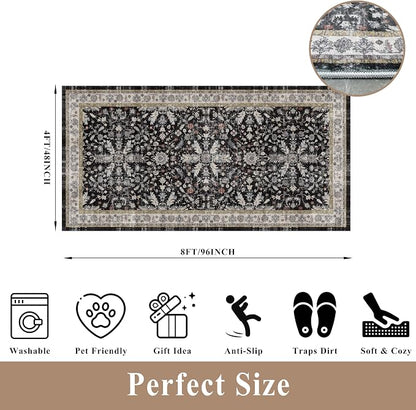 4x8 Rug Washable for Entryway Kitchen – Non-Slip Rubber Backed Area Rug for Hallway Bedroom Living Room Office,Boho Floral Low Pile Thin Floor Indoor Mat (Black,4x8)