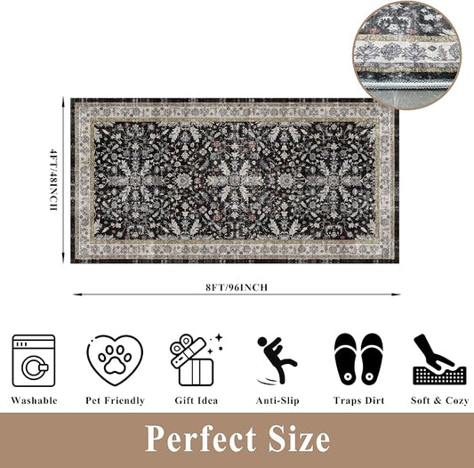 4x8 Rug Washable for Entryway Kitchen – Non-Slip Rubber Backed Area Rug for Hallway Bedroom Living Room Office,Boho Floral Low Pile Thin Floor Indoor Mat (Black,4x8)