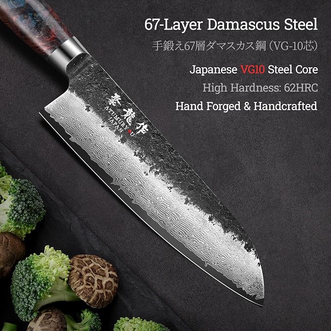 Japanese Chef Knife with VG10 Core, 7'' Razor Sharp Hand Forged Damascus Santoku Knife for Home & Professional Chefs, Kitchen Knives with Leather Sheath & Gift Box, Fathers Day Gift for Dad Husband