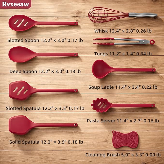 Kitchen Utensils Set,9 PCS Silicone Cooking Utensils Set Spatula Set,Non Toxic Cooking Utensils,Tongs,Spoon,Whisk,Brush,BPA Free Kitchen Gadgets for Non-Stick Cookware,Home Essential(Red-9P)