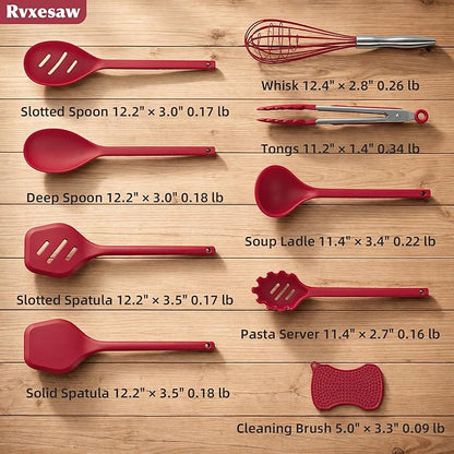 Kitchen Utensils Set,9 PCS Silicone Cooking Utensils Set Spatula Set,Non Toxic Cooking Utensils,Tongs,Spoon,Whisk,Brush,BPA Free Kitchen Gadgets for Non-Stick Cookware,Home Essential(Red-9P)