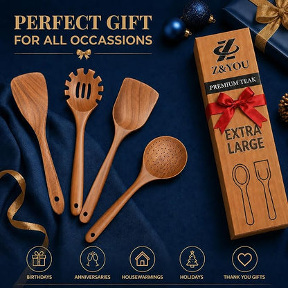 Extra-Large 4-Piece Teak Wooden Utensil Set – Non-Stick Wooden Spatula for Cooking, Skimmer Spoon & Spaghetti Spoon – Non Toxic Cooking Utensils