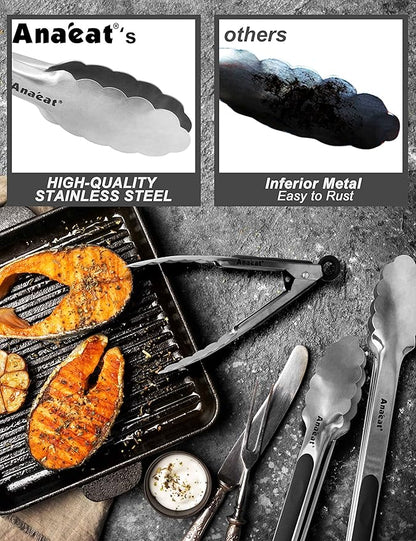 Anaeat Premium Stainless Steel Kitchen Tong, 12" Sturdy Coiled Spring Locking Food Tong with Non-Slip Silicone Grip for Cooking, Baking, Grilling, BBQ - Heat Resistant up to 480°F (Black)