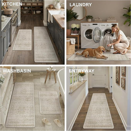 Vintage Kitchen Mats for Floor Anti Fatigue Waterproof Kitchen Rugs Sets of 2 Beige Cushioned Non-Slip Kitchen Mats Comfort Standing Mat for Sink Laundry Office 17.3"×47"+17.3"×30"