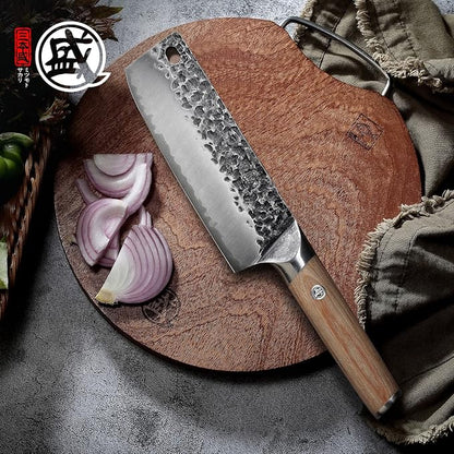 MITSUMOTO SAKARI 7-Inch Japanese Nakiri Knife, SKD-11 Steel | Wide 2mm Nakiri blade for vegetable push cuts, 3-layer SKD-11 steel, textured finish, pakkawood handle