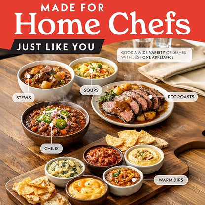 Gourmia Slow Cooker - 7 Quart Removable Ceramic Pot, Manual Controls with 3 Temperature Settings, Dishwasher Safe Crock and Glass Lid, Stainless Steel