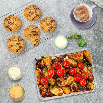 P&P CHEF 10.4 Inch Toaster Oven Pan with Rack Set, Stainless Steel Baking Pan Tray and Grid Cooling Rack for Cooking/Roasting, Dishwasher Safe & Easy to Clean, Non-toxic & Sturdy, (4Pcs)