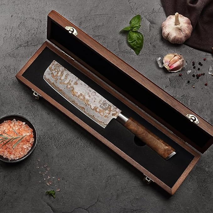 zayiko Damascus Nakiri Knife 6.7 Inch, VG10 Core Vegetable Knife for Chopping, Slicing & Dicing, 67-Layer Copper Damascus Steel, Maple Root Wood Handle, Wooden Gift Box