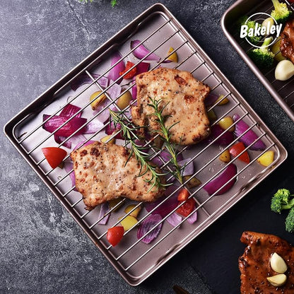 Roasting Pan with Rack, 11-Inch Non-Stick Square Shallow Dish Sheet Pan with Wire Rack for Oven Baking, BBQ and Roasting 11.2" x 11.2" x 1.3" (Champagne Gold)