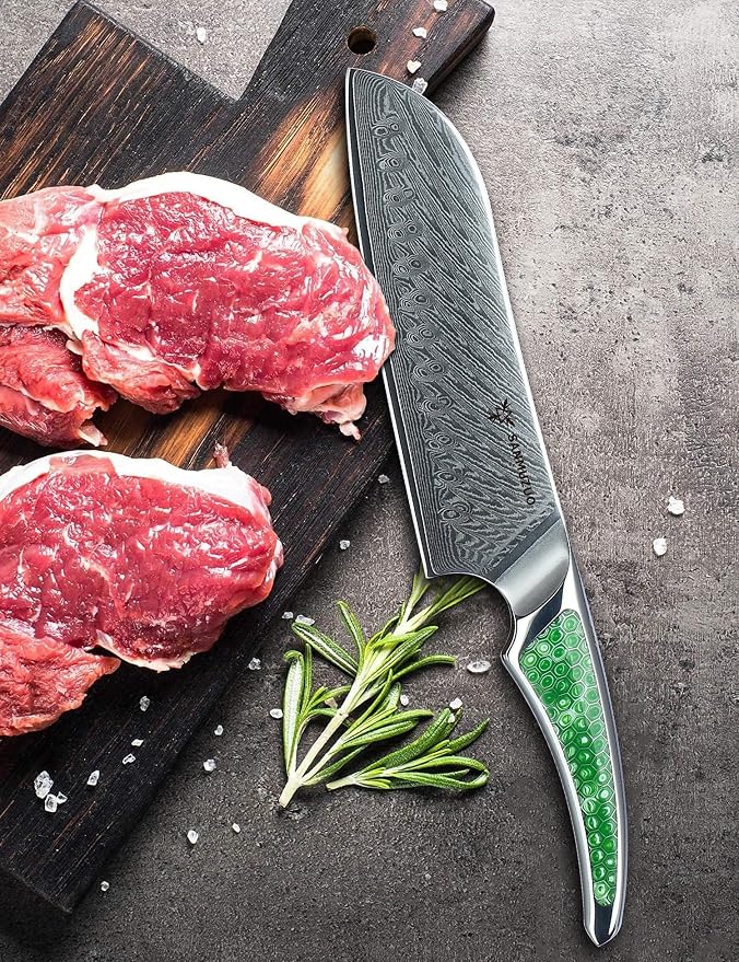 7 inch Santoku Knife, Japanese VG-10 Damascus Steel Chef Knife, Ultra Sharp Kitchen Knife with Full-tang Handle in Green Resin, LA-S9 Series