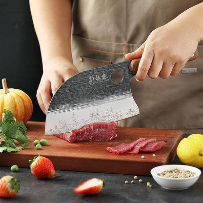 3PCS Butcher Knife Set, 7" Butcher Meat Cleaver, 7" Serbian Chef Knife and 6.5" Viking Knife, Hand Forged Butcher Knife with Wooden Handle, Ideal for Home, Camping, BBQ (Unique Pattern)