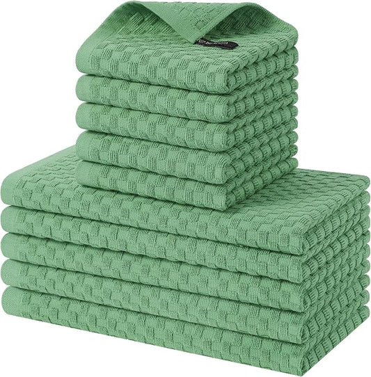Homaxy 100% Cotton Kitchen Towels and Dishcloths Set, 12 x 12 & 15 x 25 Inches, Set of 10 Bulk Terry Cloth Dish Towels, Super Soft and Absorbent Hand Towel with Hanging Loop, Grass Green