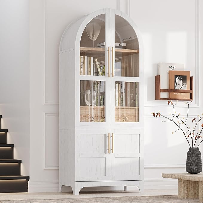 VilroCaz 71" Tall Arched Kitchen Pantry with Glass Doors and a Large Drawer, Farmhouse Kitchen Storage Cabinet with Open & Adjustable Shelves, Cupboard for Dining Room (White-6.4)