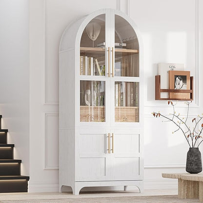 VilroCaz 71" Tall Arched Kitchen Pantry with Glass Doors and a Large Drawer, Farmhouse Kitchen Storage Cabinet with Open & Adjustable Shelves, Cupboard for Dining Room (White-6.4)