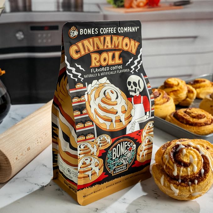 Bones Coffee Company Decaf Cinnamon Roll Decaffeinated Flavored Coffee, Medium Roast Low Acid Arabica Beans Compatible with Auto drip and French Press Coffee Maker, 12 Oz Whole Bean