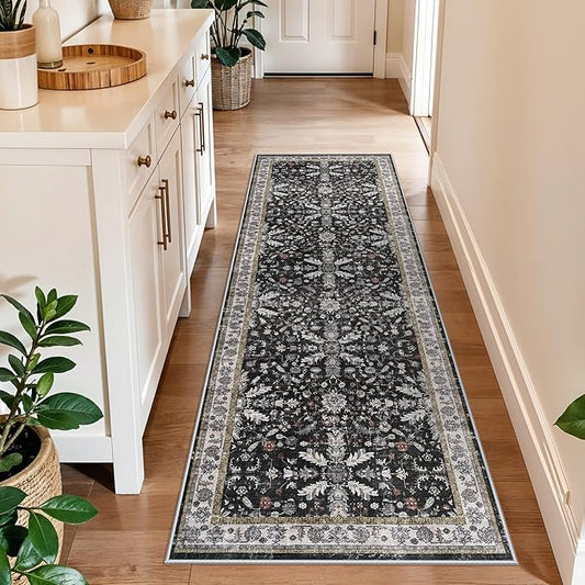 2x6 Washable Kitchen Runner Rug – Non-Slip Boho Vintage Carpet Runner for Hallway, Entryway, Bedroom & Bathroom – Soft Low-Pile Thin Area Rug with Rubber Backing (Black,2x6)