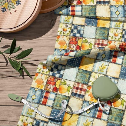 Patchwork Cotton Fabric Panel 61 x 36.6 Inches, Lemon Fruit Quilt Style Pattern, Rustic Blue Yellow Design, 100% Cotton 140 GSM