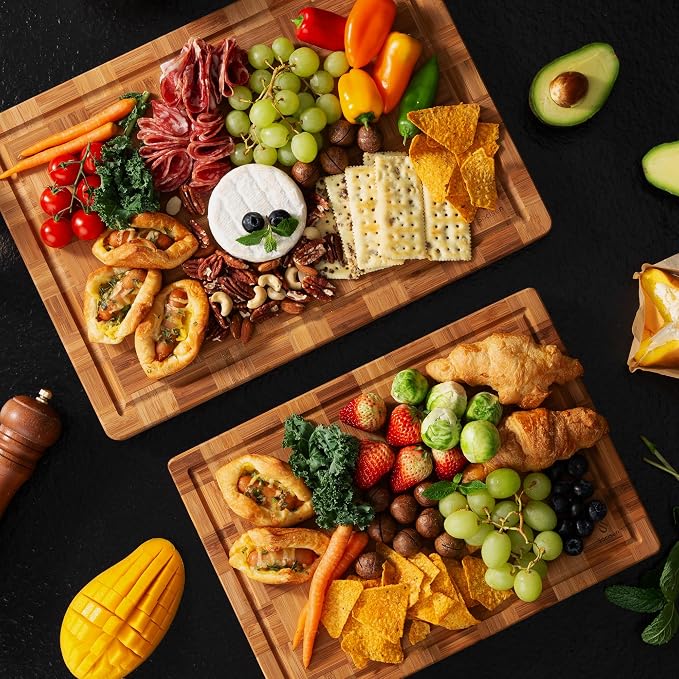 2 Pack Heavy Duty Bamboo Cutting Board Set Non Slip Over Sink Solid End Grain Thick Wood Chopping Board Extra Large Big Small Best Wooden Kitchen Essential New Home Housewarming Mother Gift