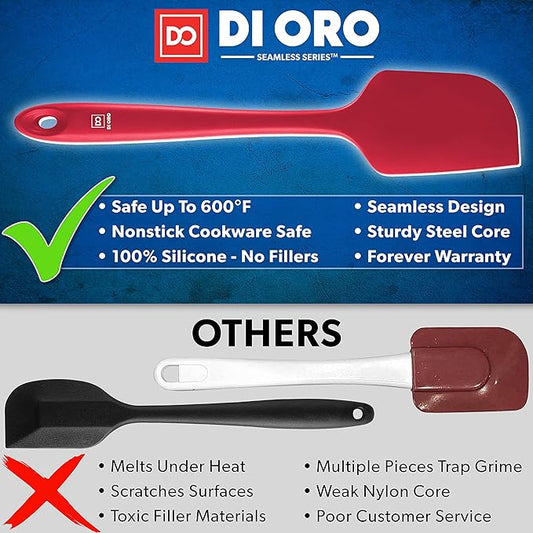 di Oro Living Large Silicone Spatula - 600F Heat-Resistant Spatula - Ergonomic Easy-to-Clean Seamless One-Piece Design - Pro-Grade Non-Stick Silicone Rubber with Stainless Steel S-Core Technology! (Red)