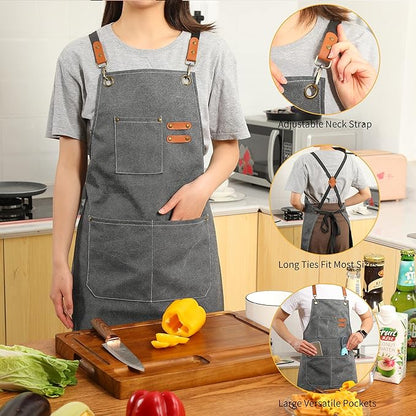 Tosewever Canvas Cross Back Chef Cotton Aprons for Men Women with Large Pockets
