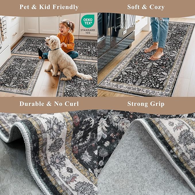 Kitchen Rug Sets 4-Piece with Runner – Washable Non-Slip Floor Mats for Sink, Entryway, Hallway, Bathroom – Soft Low-Pile Thin Boho Floral Rugs, New Home Decor (Black, 2x3+2x4+2x5+2x6)